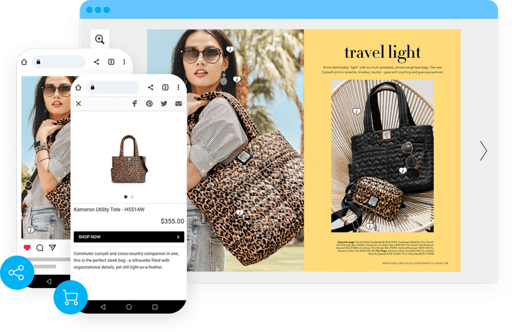 Publitas para pequeñas empresas. Un catálogo digital que muestra a una mujer sosteniendo un bolso, y que también es visible en una página de visualización de productos en móvil.