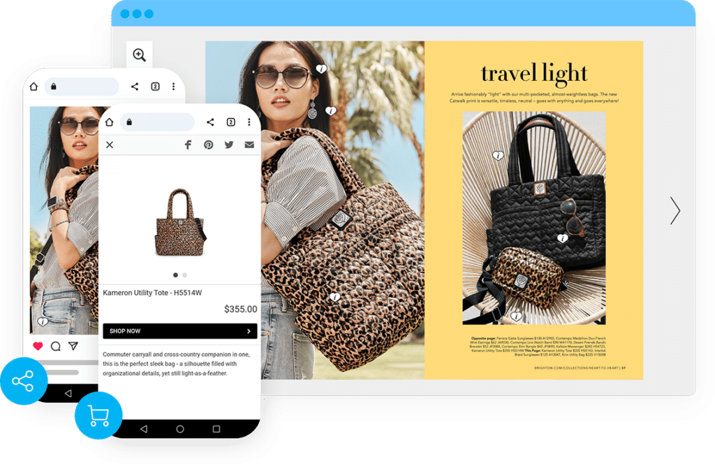 Publitas for small business. A digital catalog showing a woman holding a bag, and that bad also visible in a product display page on mobile.