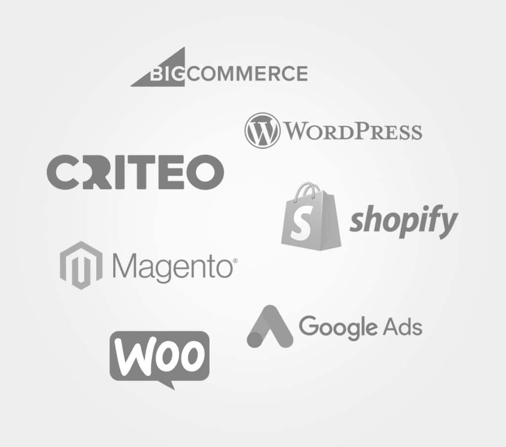 Logos such as BigCommerce, WordPress, Shopify, Magento, and WooCommerce.