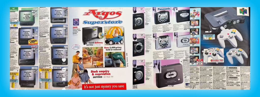 Four pages from a '90s Argos print catalog, showing things such as television, walkman, and Nintendo.