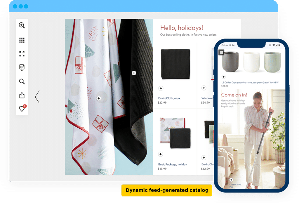 Dynamic content, feed-generated catalog. Left: Image of towels. Right: Product grid showing various cloths.