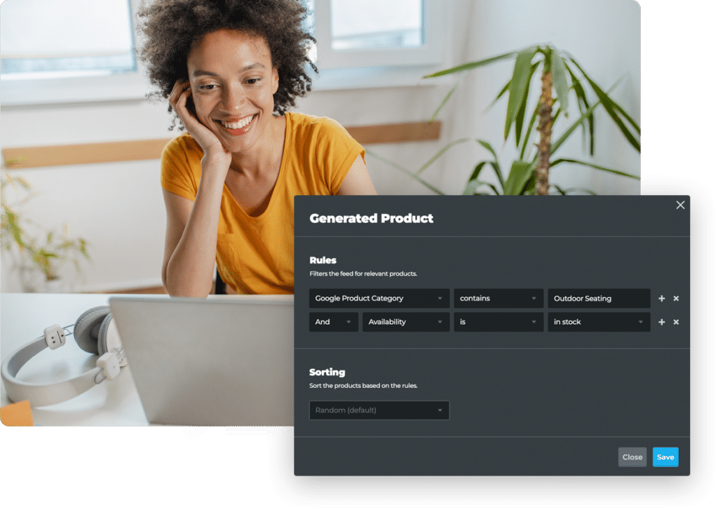 A woman working on a laptop. A pop-up shows a set of rules to generate products inside a catalog from the product feed.