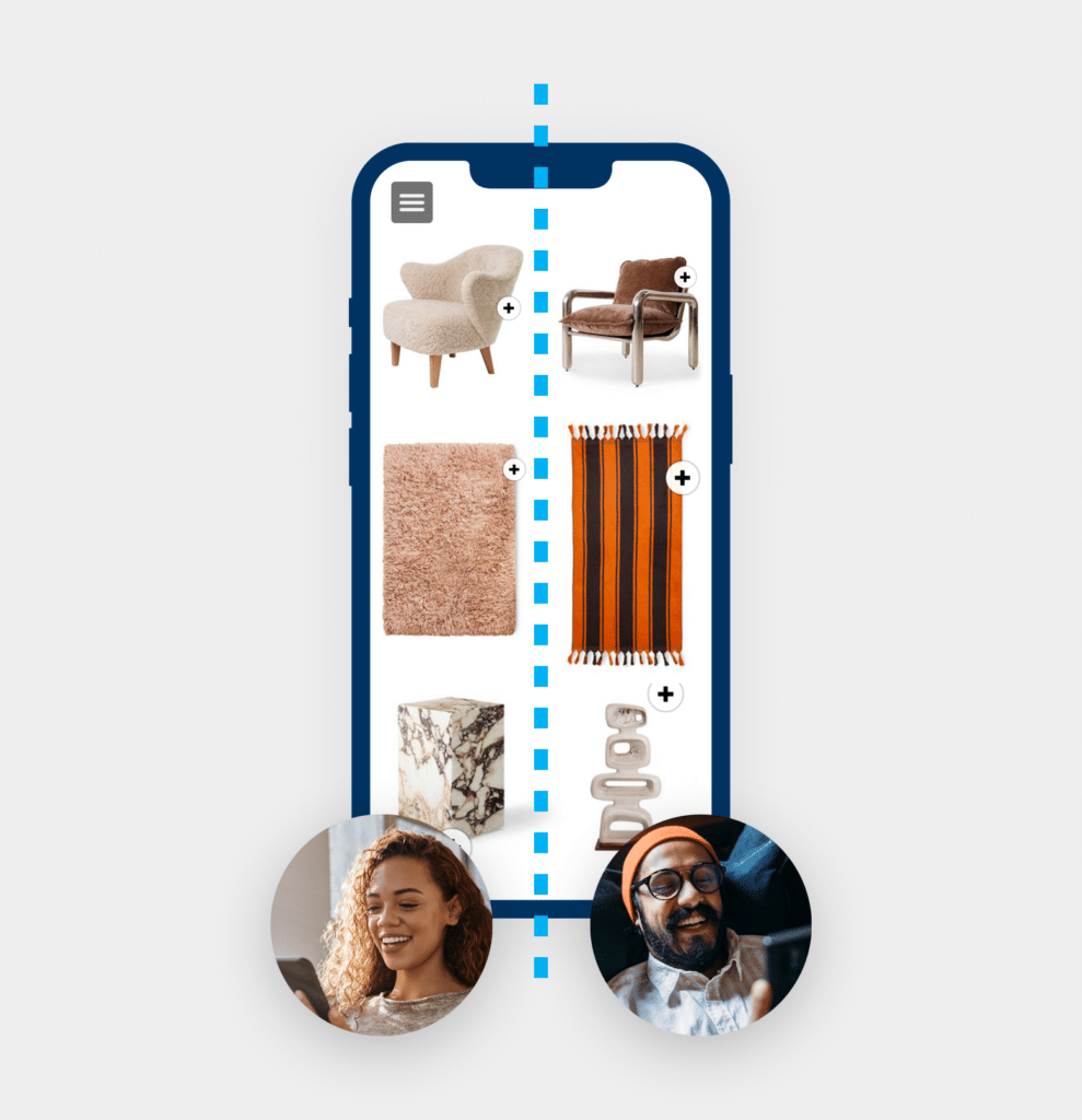 A phone divided in half. On each side there are different variants of a couch, carpet, and other decorations. Left: Light items viewed by a woman. Right: Brown items viewed by a man.