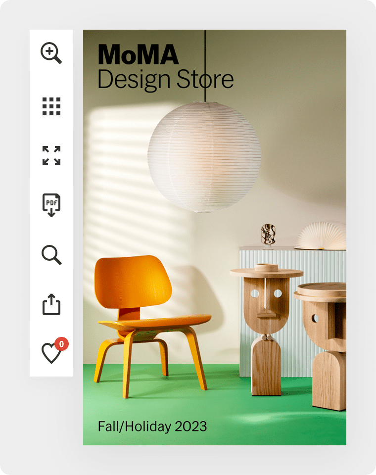 Front page of MOMA's Fall/Holiday 2023 digital catalog. Showing an orange chair on a green floor, and tables that look like abstract humans.