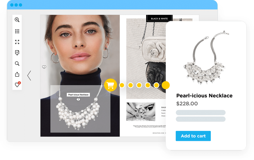 A digital catalog displaying a woman with a necklace. The necklace has an interactive area, and a dotted line showing a product pop-up with add to cart button.