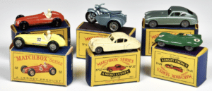 Six Boxed Matchbox Lesney 1-75 Series Motorbikes, Sports And Racing Cars