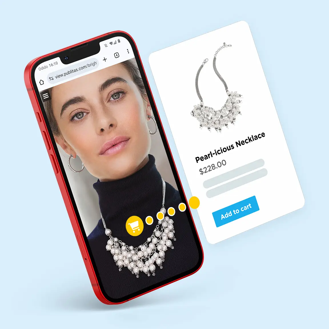 A phone showing a woman wearing a pearl necklace. A shopping cart icon and product display popup indicates the necklace can be added to cart.