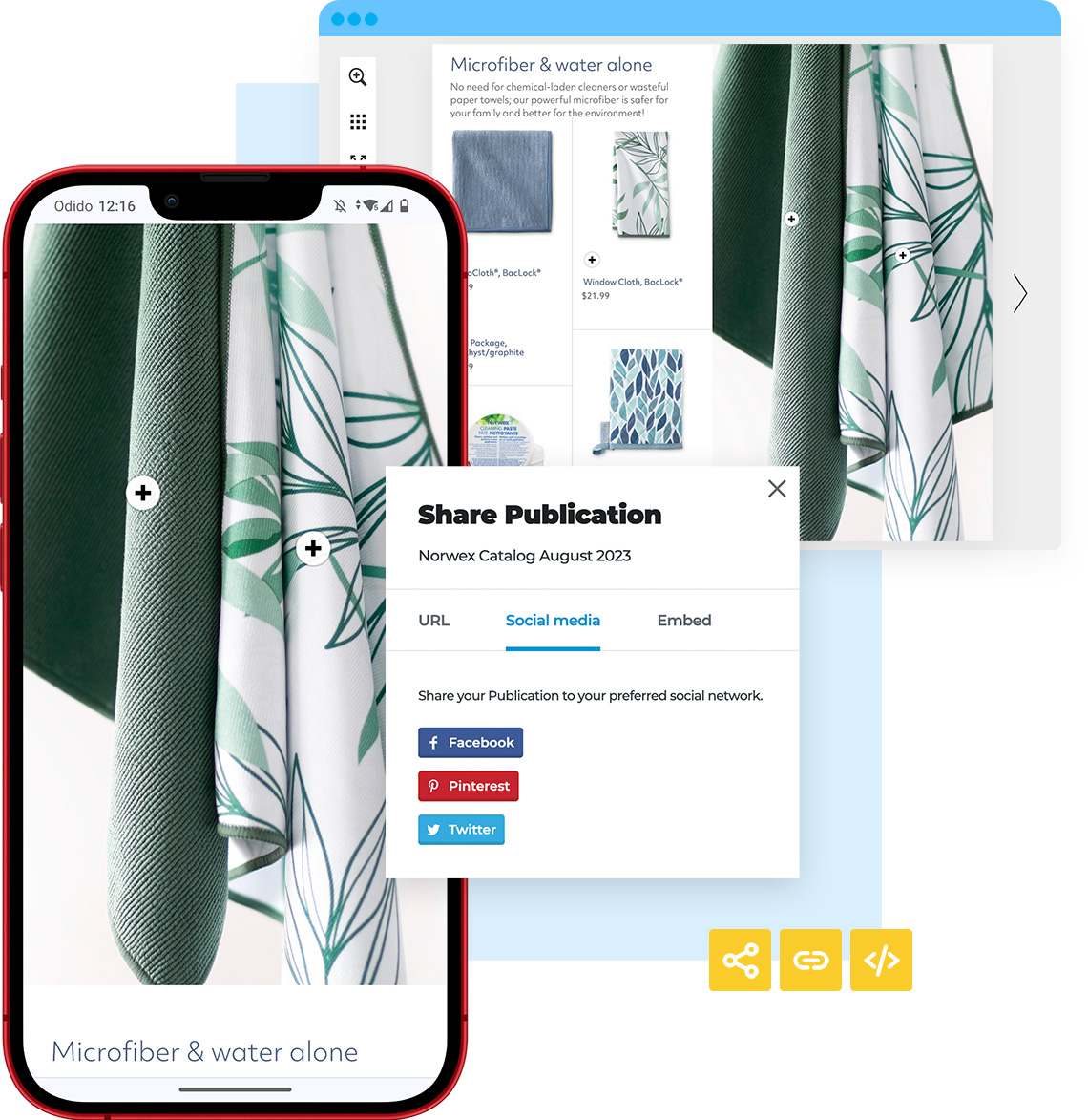 A digital catalog about microfiber cloths shown on phone and desktop. A share pop-up with social media options, embed, and URL to publish catalogs online.