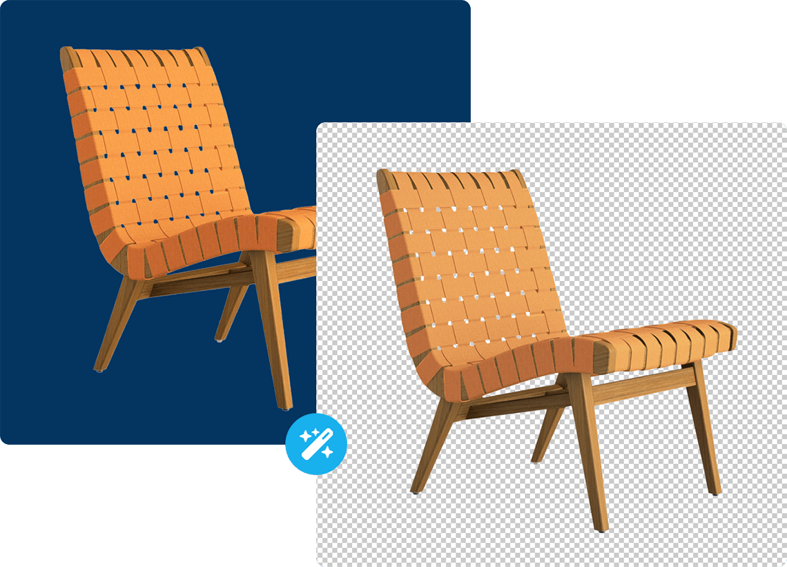 Two images of the same orange chair. Left: The image has a blue background. Right: The image has no background.