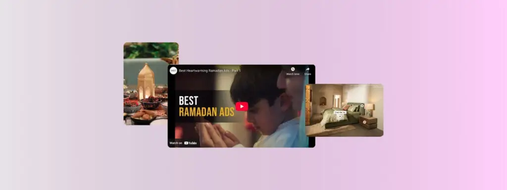 Image shows a block with a screenshot of a Youtube Ramadan best ads video and an image of a bed with green linen and some Ramadan decor