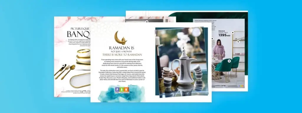 Ramadan catalog inspiration. A collection of spreads from Pan Home's Ramadan catalog with beautiful Ramadan gifts such as a tea pot.