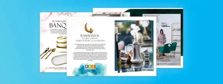 Ramadan catalog inspiration. A collection of spreads from Pan Home's Ramadan catalog with beautiful Ramadan gifts such as a tea pot.