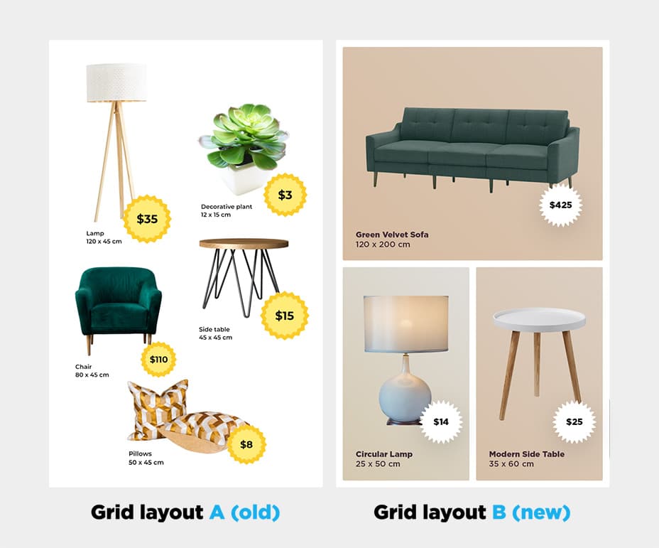 Left: A catalog page with several home decor products playfully placed. Right: A catalog page with a neat and clear grid to display home decor products.