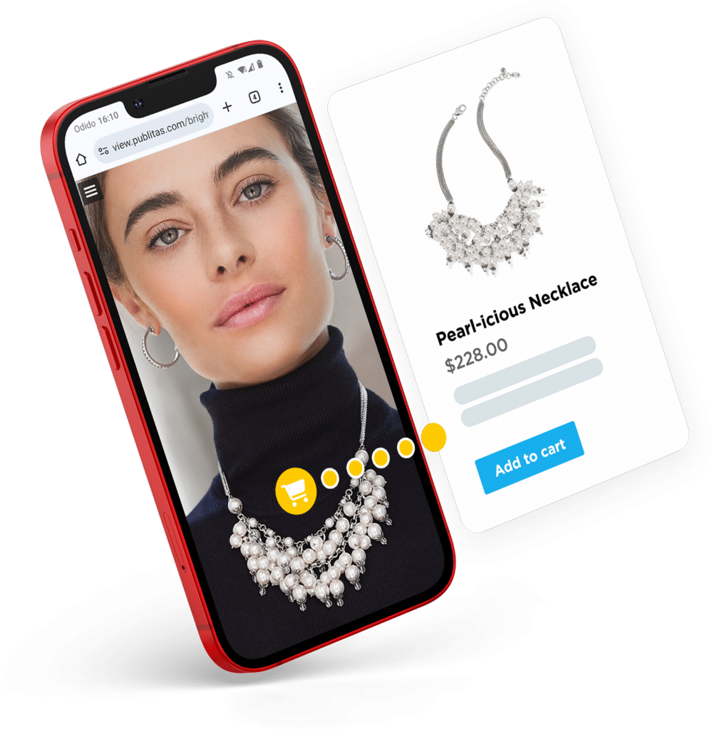 Close up of a mobile phone showing a beautiful woman wearing a pearl necklace. A product display page shows more info about the necklace and an add to cart button.