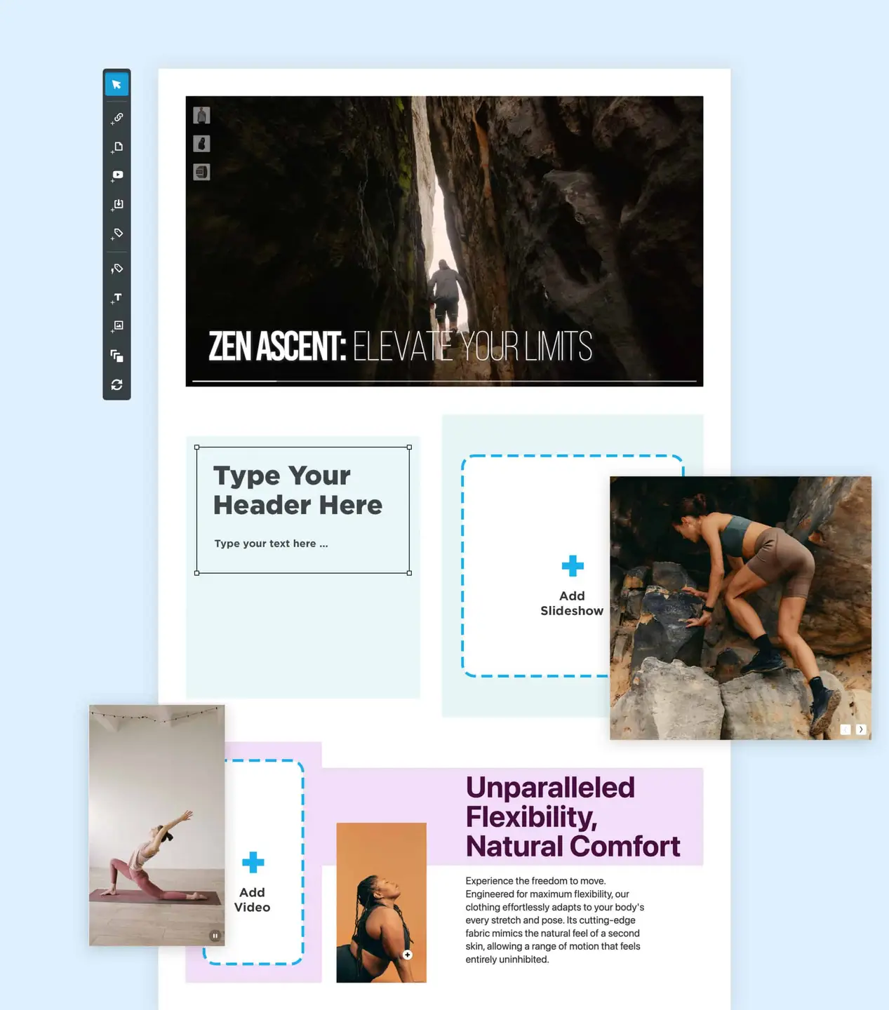 Shoppable landing pages built in Publitas. Various elements added to a landing page such as video and slideshows.