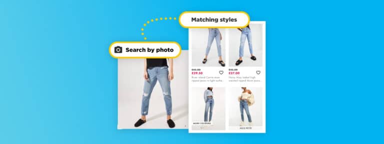 Le concept de recherche par photo expliqué. À gauche : une photo de jeans. À droite : Les produits qui correspondent à ce jean.