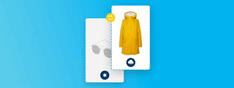 Sunglasses are replaced with a raincoat during rainy weather to indicate weather-based marketing.