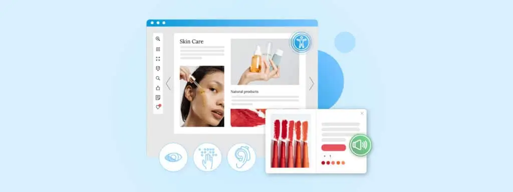 A catalog illustration with various content accessibility related icons such as a braille icon, a hearing device, and audio as screen reader.