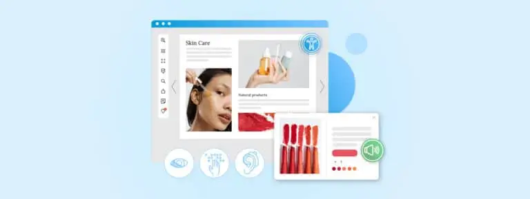 A catalog illustration with various content accessibility related icons such as a braille icon, a hearing device, and audio as screen reader.
