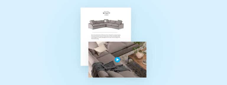 A video of a couch floating above a magazine page about that couch to indicate short-form videos can be embedded in digital catalogs.