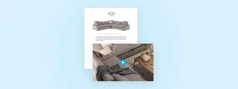 A video of a couch floating above a magazine page about that couch to indicate short-form videos can be embedded in digital catalogs.