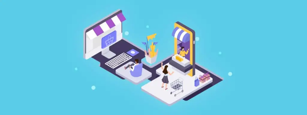 An illustration of a retail space that combines screens and digital technology with real-world shopping. It is the header for the blog about visual merchandising.