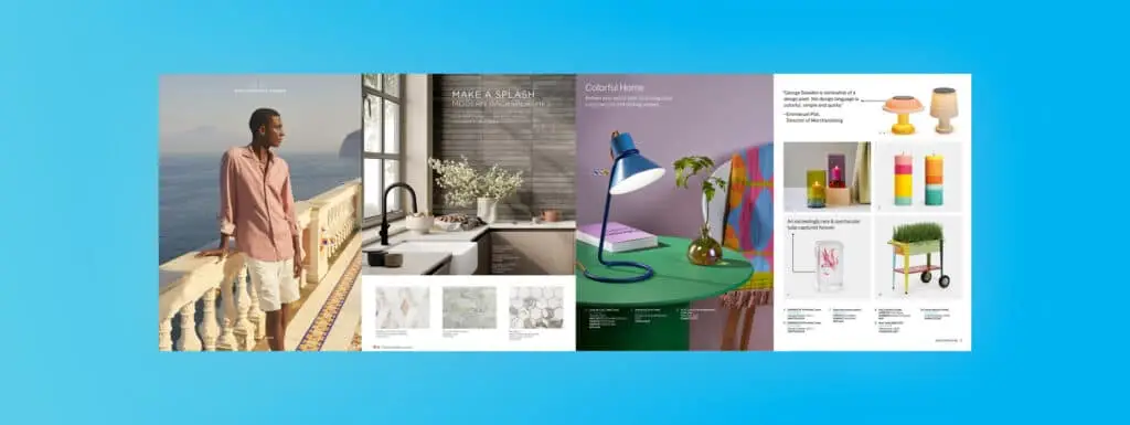 A collage of several pages from digital lookbooks showing fashion and home decor.