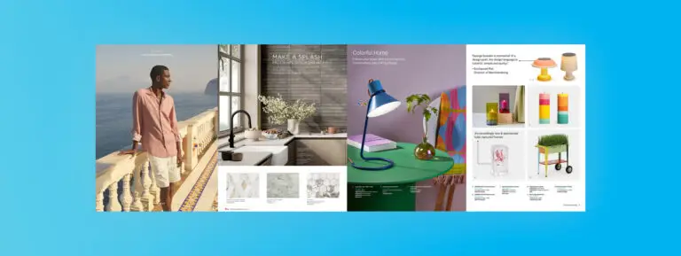 A collage of several pages from digital lookbooks showing fashion and home decor.