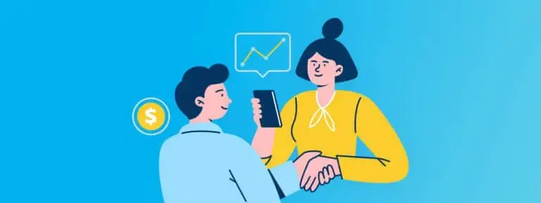 Illustration of a guy and girl shaking hands. Both profiting from affiliate marketing.
