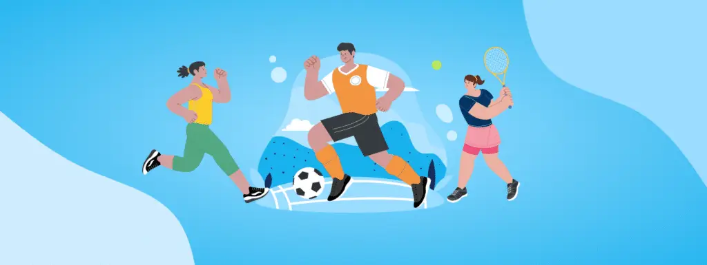 An illustration representing sporting events. Three people playing sports. One runner, one footballer, and one tennis player.
