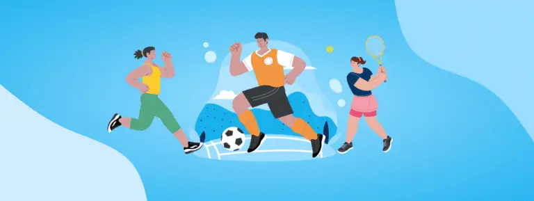 An illustration representing sporting events. Three people playing sports. One runner, one footballer, and one tennis player.