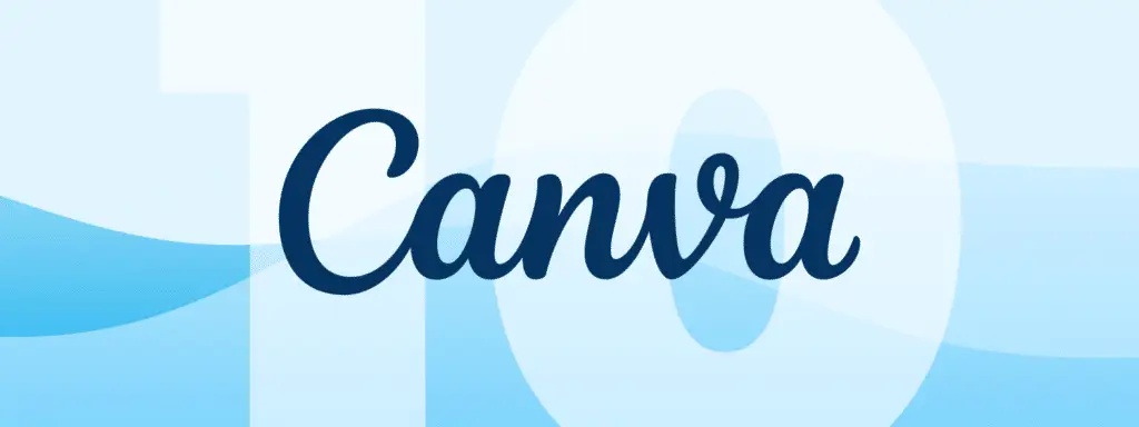 Canva logo on top of a light blue background with a transparent 10. Indicates the 10 Canva create features in this blog.