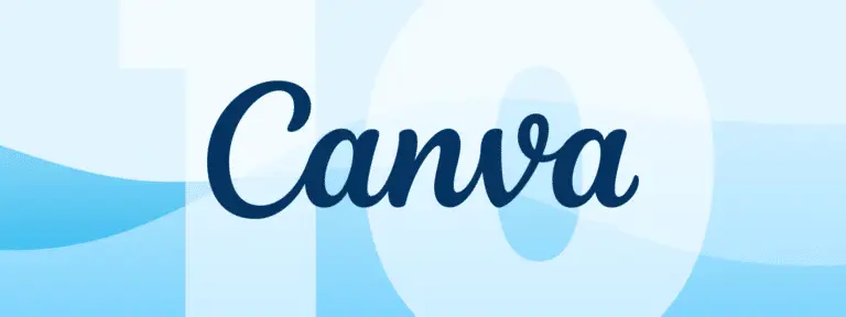 Canva logo on top of a light blue background with a transparent 10. Indicates the 10 Canva create features in this blog.