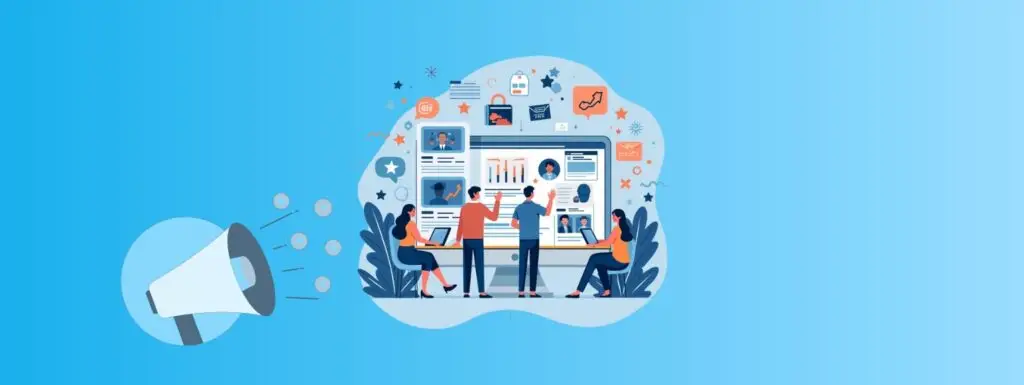 A mixture of marketing platforms on a board with people looking at them and a loudspeaker next to them