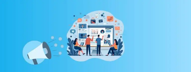 A mixture of marketing platforms on a board with people looking at them and a loudspeaker next to them