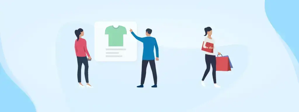Three people standing up, two of the people are looking at a tshirt product and one is carrying a shopping bag