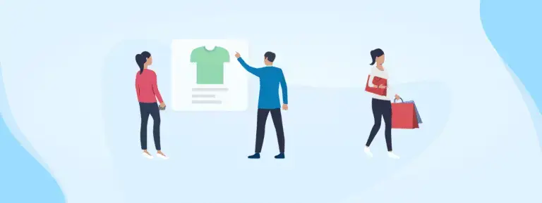 Three people standing up, two of the people are looking at a tshirt product and one is carrying a shopping bag