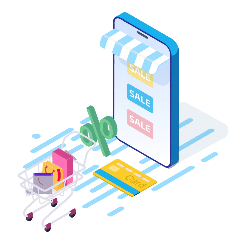Uma ilustração de um telemóvel, um carrinho de compras e um cartão de crédito.