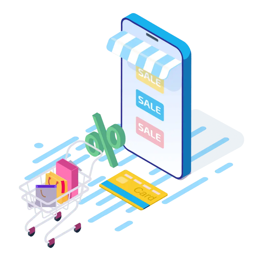An illustration of a mobile phone, shopping cart, and credit card.