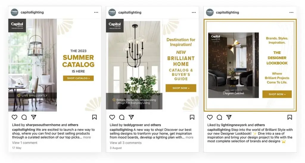 Enhance the Customer Journey by Crafting an Effective Discovery Phase 5 Three instagram posts showing capitol lighting products from their digital catalogs