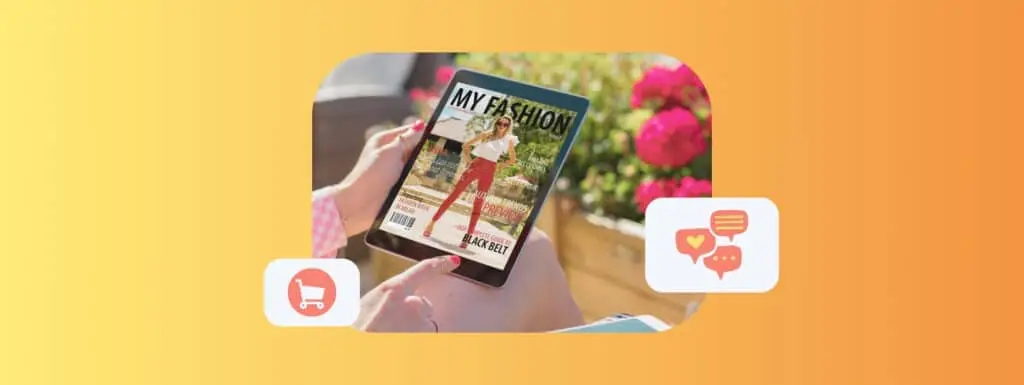 A woman holding an ipad with a digital magazine displayed on it