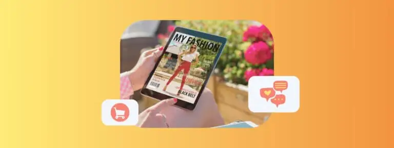 A woman holding an ipad with a digital magazine displayed on it