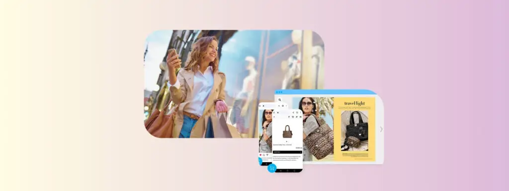 A women with shopping bags on the street with images of a digital catalog and a handbag