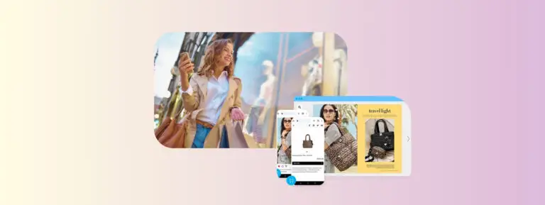 A women with shopping bags on the street with images of a digital catalog and a handbag