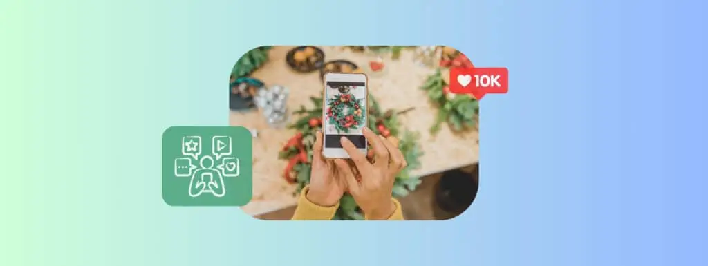 A pair of hands scrolling through holiday retail content on a mobile phone with 1k likes and christmas decor