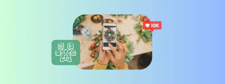 A pair of hands scrolling through holiday retail content on a mobile phone with 1k likes and christmas decor