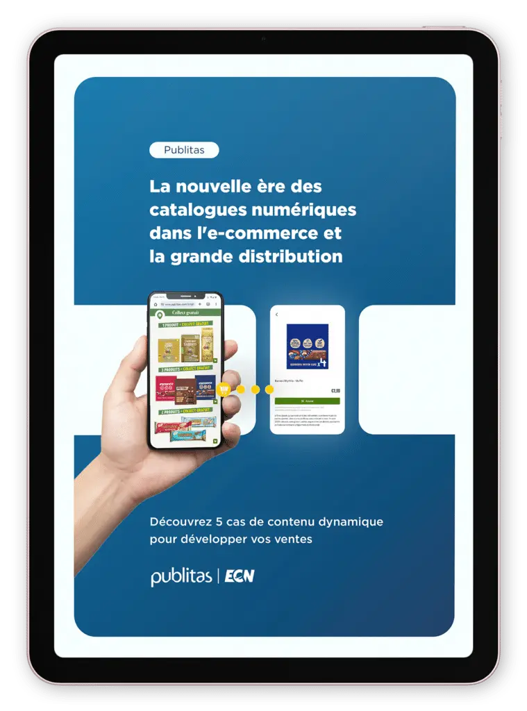 An iPad showing a dark blue cover of an ebook. The new era of digital catalogs in e-commerce and retail.