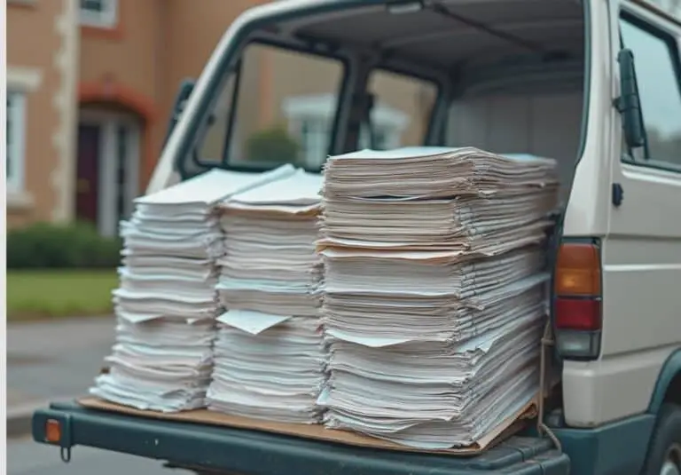 A van with the back door open filled with piles of printed leaflets parked in front of a house