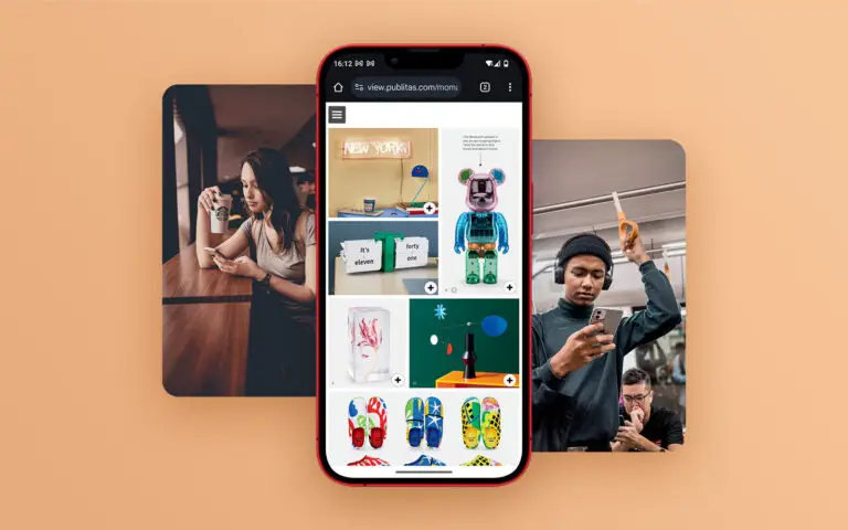 A red phone on an orange background, showing MoMA's gift guide. On the sides, people browsing the catalog on their phone.