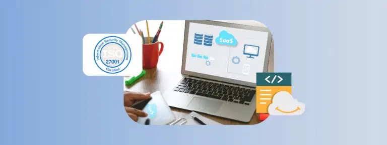 A laptop with a saas security system on the screen next to an iso bade and a graphic of an aws system